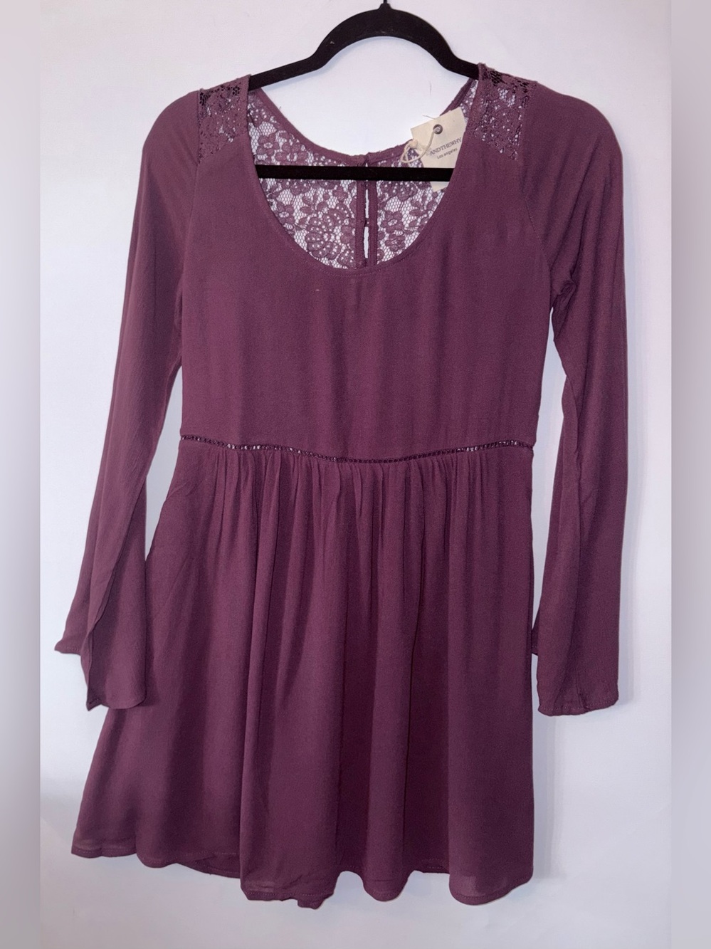 Andthewhy Lace Back Long Sleeve Babydoll Dress - Plum
